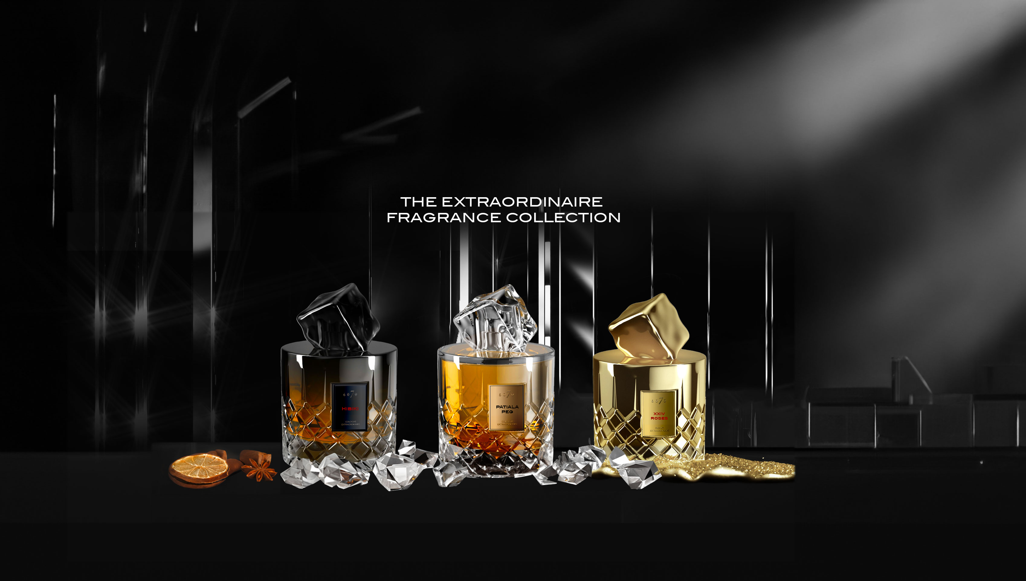 Three bottles of Sixty70's Extraordinaire Fragrance Collection displayed on a dark, elegant background. The colognes are styled to resemble whisky glasses with ice cubes on top, featuring the fragrances Patiala Peg, Hibiki and 1950 Irish Whisky.