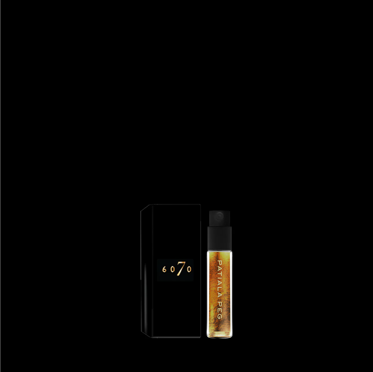 A bottle of Sixty70's Patiala Peg cologne next to its sleek black box packaging, set against a black background.